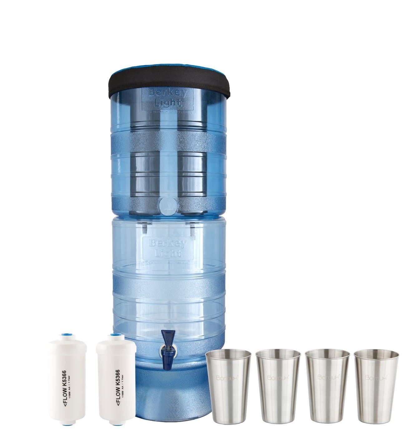 Bundle Includes: Berkey Light Water Filter System w/2 Black Purifier Filters (2.5 Gallons) Bundled w/ 1-Set of Fluoride Filters (PF2) and 1-Set of 4 BX Stainless Steel Cups