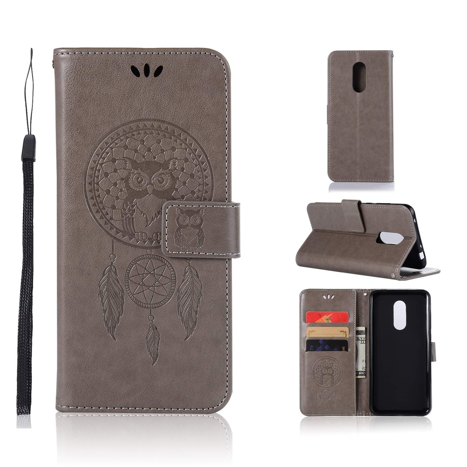 Quanqiugou Cell Phone Basic Cases Owl Embossed Pattern Cover Case PU Leather Wallet Case for Xiaomi Redmi 5 Plus (Color : Gray)