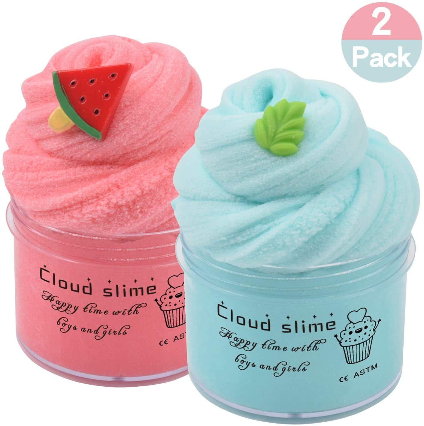 Prisms 2 Pack Cloud Slime Kit with Red Watermelon and Mint Charms, Stretchy Non-Sticky Glossy Slime,200 Ml Super Soft & Non-Sticky, Stress Relief Slime Toy for Girls and Boys (2pcs)