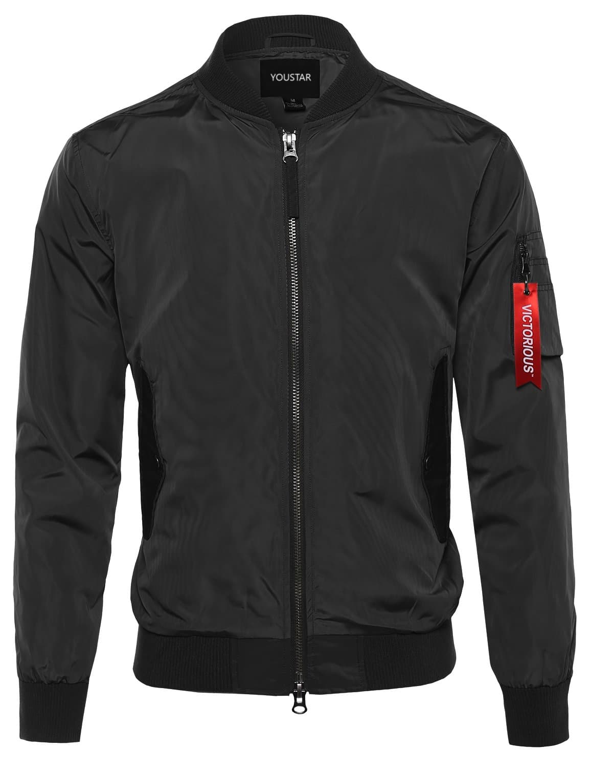 Classic Basic Style Zip Up Sleeve Pocket Bomber Jacket Black L