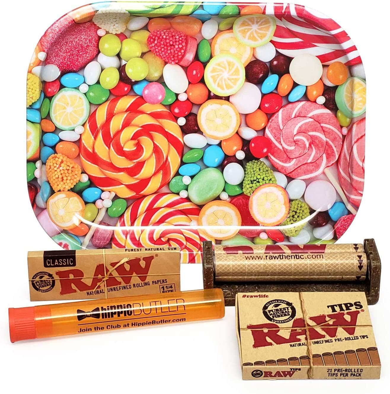 Bundle - 5 Items - RAW Classic 1 1/4 Rolling Papers, 79mm Roller, Pre-Rolled Tips with Hippie Butler Mini Rolling Tray (Candy) and Hippie Butler Kewl Tube