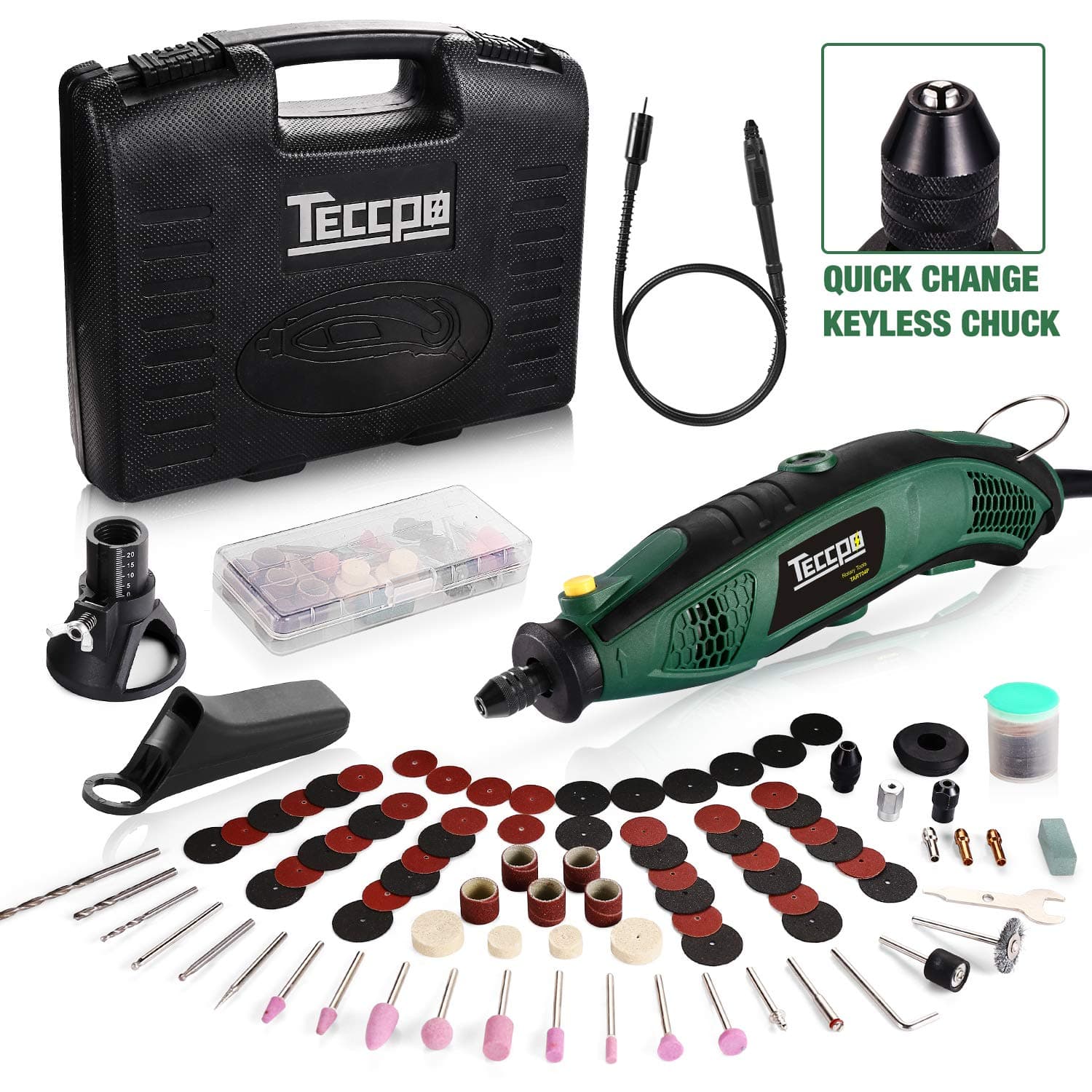 TECCPO Rotary Tool Kit, 6 Variable Speed with Flex shaft, Universal Keyless Chuck, 84 Accessories, Cutting Guide, Auxiliary Handle and Carrying Case, Multi-functional for Crafting Projects