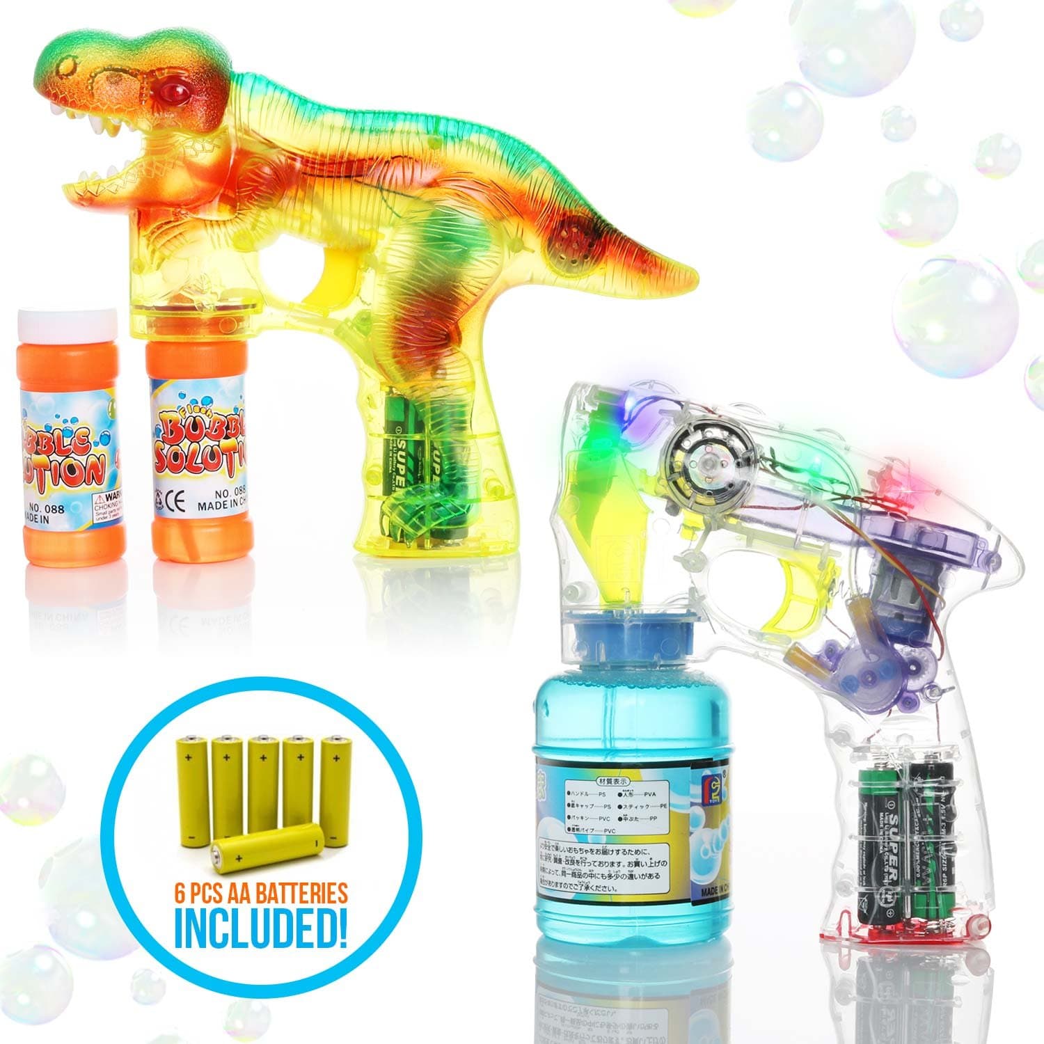 My Bubble Machine | 2pcs Automatic Dinosaur Bubble Gun and Transparent Bubble Shooter | Battery Operated Bubble Blaster with 6pcs AA Batteries Bubble Solutions Bottles Included | Various Color | 317.2