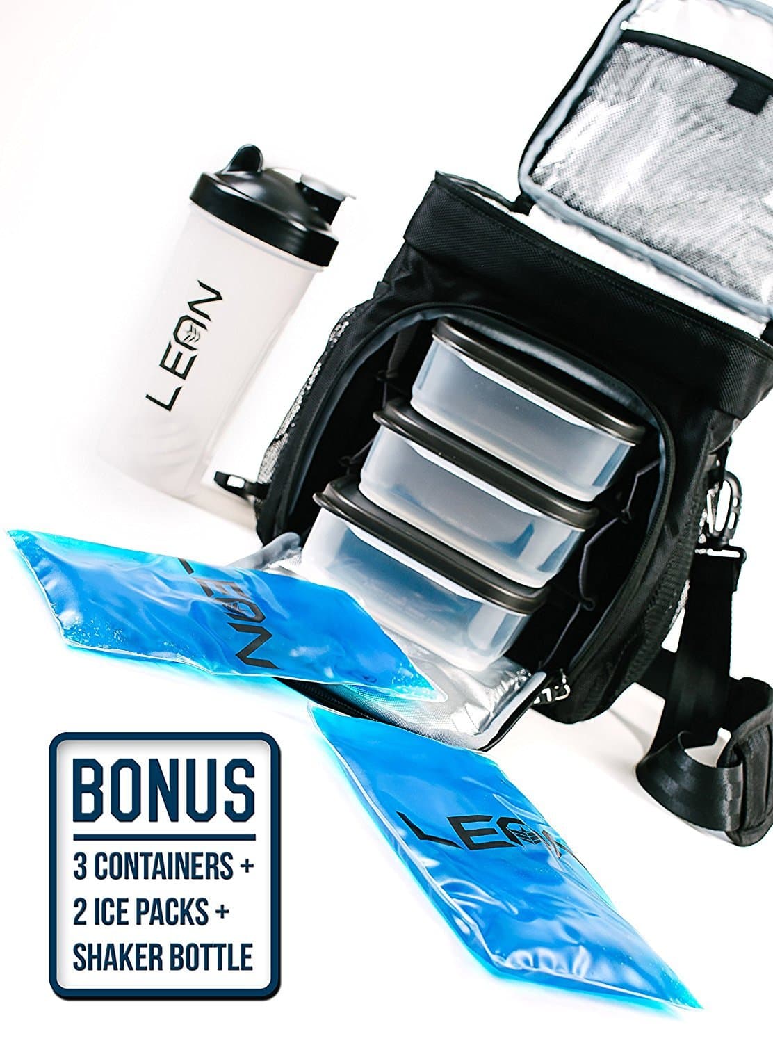 Meal Prep Bag by LEAN, 3 Portion Control Meal Prep Containers, Blender Shaker Bottle, 2 Reusable Gel Ice Packs, Smart Stack Shelf System, Heavy Insulated meal management lunch bag