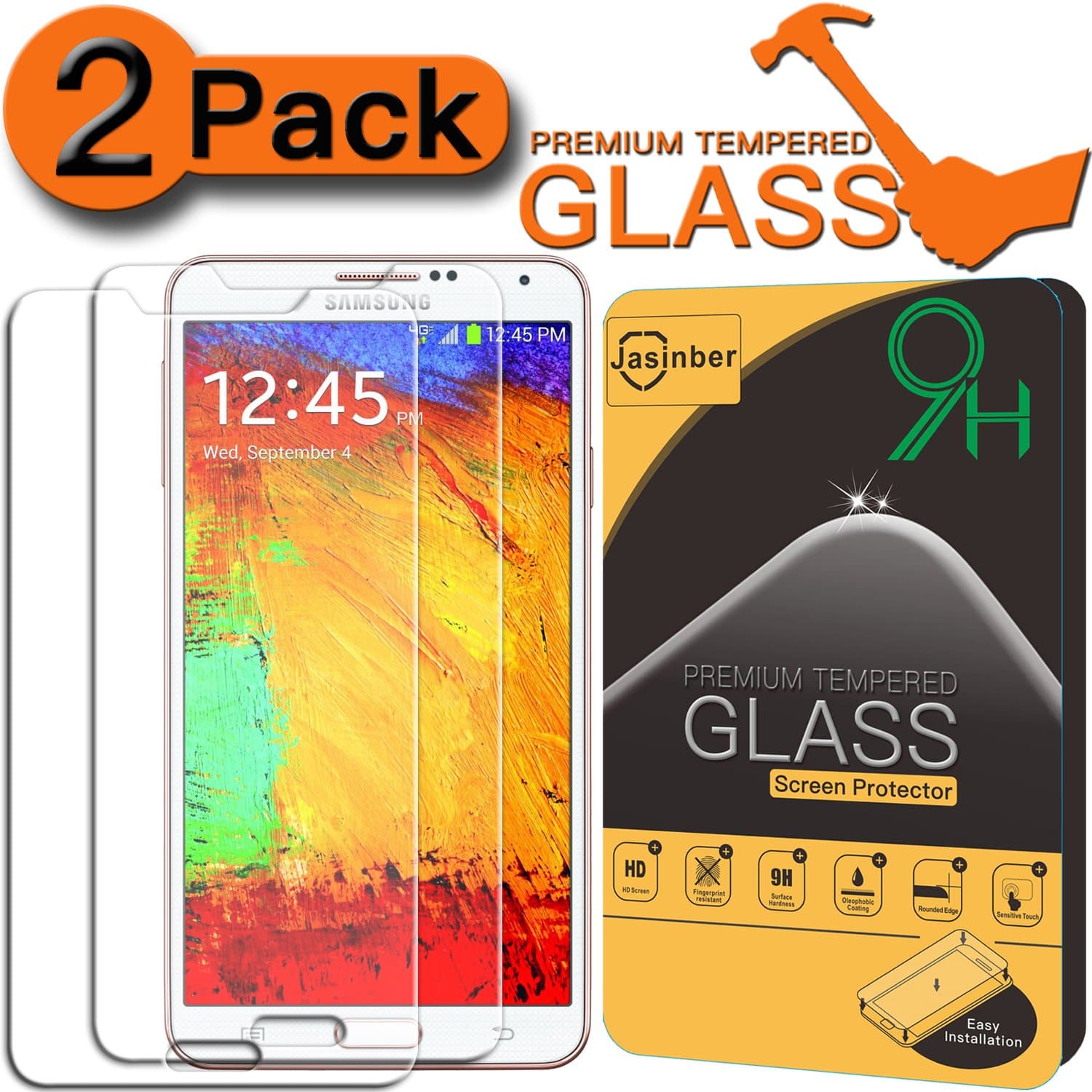 [2-Pack] Note 3 Screen Protector, Jasinber [Tempered Glass] Screen Protector for Samsung Galaxy Note 3 with [9H Hardness][Anti-Scratch][Anti-Fingerprint]