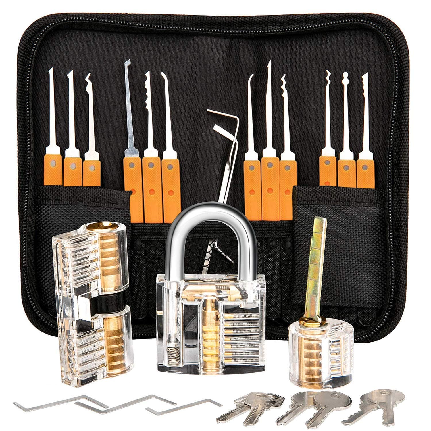 Soontrans 17pcs Lock Picking Set with 3pcs Transparent Training Padlock and Instruction for Beginner Professional Locksmiths
