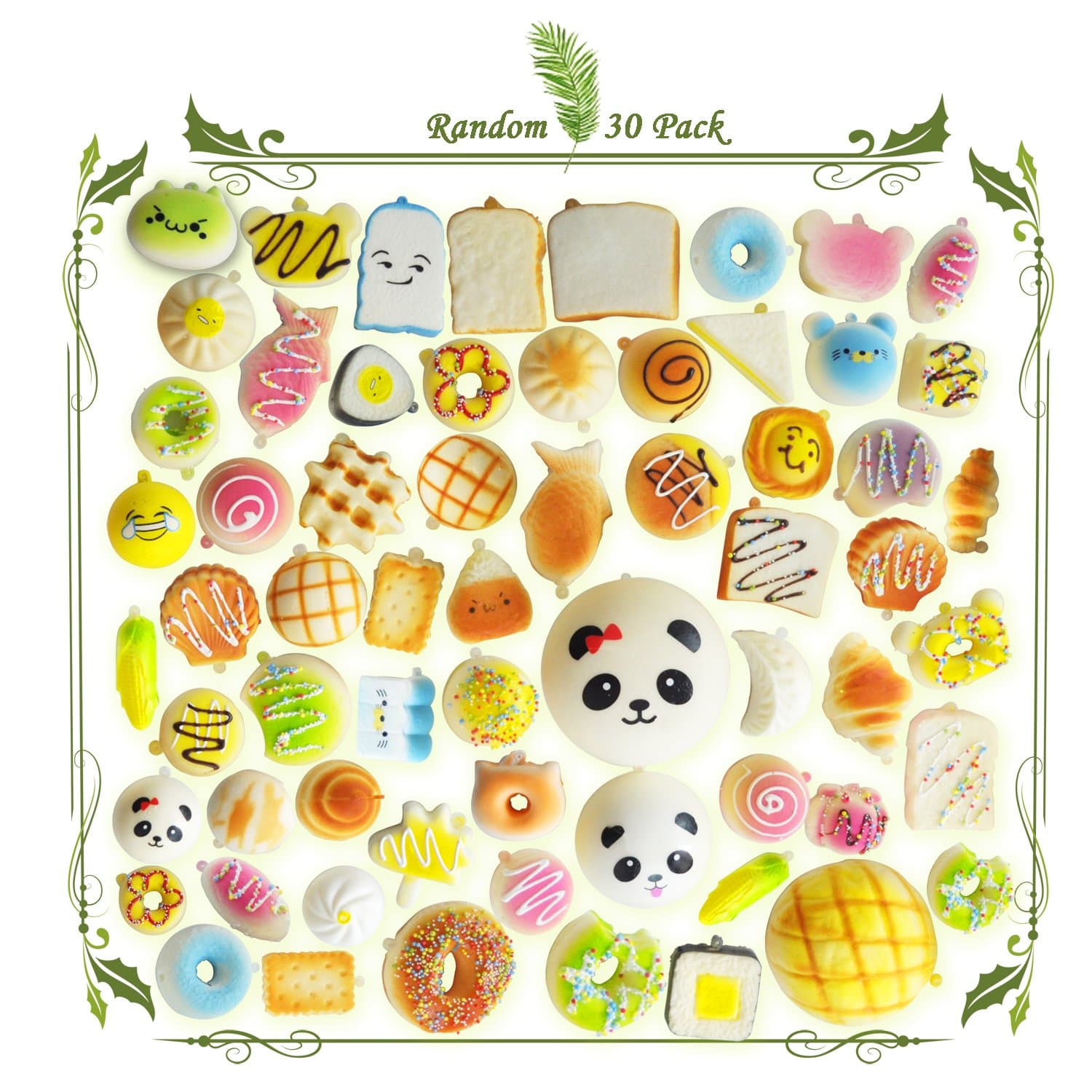 Lsushine Random Expression Variety Soft Squishy Cake Panda Bread Buns Food Toy Phone Straps (pack of 30)