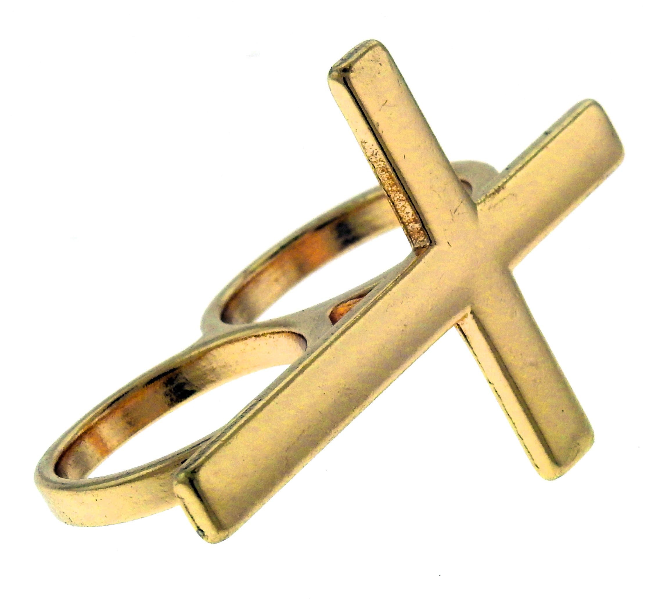 Gold-Tone Cross Double Finger Ring