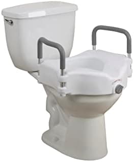 Drive Medical RTL12027RA 2-in-1 Raised Toilet Seat with Removable Padded Arms, Standard Seat & 11148-1 Folding Steel Bedside Commode Chair, Portable Toilet, Supports Bariatric Individuals