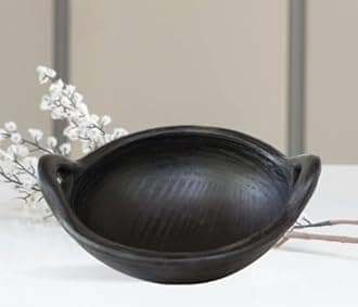 Deep Burned Uncoated Clay Handi/Pot And Kadai For Cooking And Serving Combo 1, 2 & 3 Liter, Black