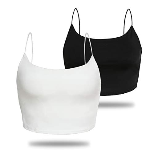Amilia Women's Basic Solid Cami Spaghetti Double Layer Crop Tank Top