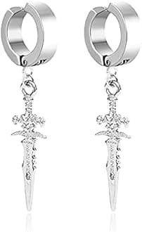 No Piercing Clip On Black Punk Sword Dangle Drop Small Hoop Earrings for Men Women Fake Pierced Kpop Religious Christian Hypoallergenic Stainless Steel Hanging Cool Birthday Bff