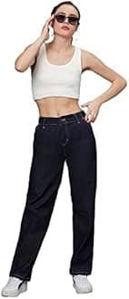 KOTTY Women's High Rise Cotton Lycra Blend Ankle Length Relaxed Fit Jeans