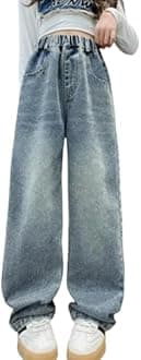 Kids Girls' Fashion Elastic Waist Wide Leg Baggy Denim Pants Straight Washed Loose Jeans Age 5-14 Years