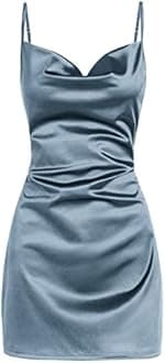 ZAFUL Women's Satin Sleeveless Spaghetti Strap Mini Dress Side Slit Cowl Neck Cocktail Party Dresses