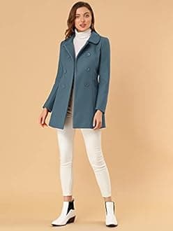 Allegra K Women's Peter Pan Collar Double Breasted Winter Long Trench Pea Coat