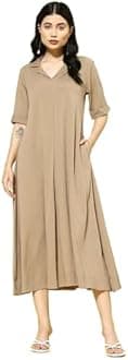 Varanga Women Beige Shirt Collar A Line Dress