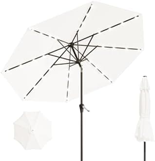 AreShark 9FT Solar Umbrella 32 LED Lighted Patio Umbrella Table Market Umbrella w/Tilt and Crank Outdoor Umbrellas for Garden, Deck, Backyard, Pool and Beach, Cream-White