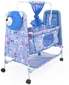 BABYBLESSING Metal Baby Cradle With Swing And Mosquito Net | With Swing Lock | Foldable | Sturdy And Safe | Durable | With Mosquito Net & Pillow | Jhulla | Baby Swing | 0-15 Months | Blue