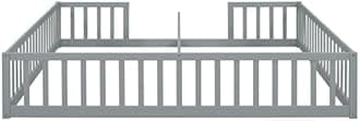 Double Frame Twin Size Floor Bed with Fence for Kid,Girls & Boys,Montessori Wood Bed Frame w/Safety Guardrails & Easy Assemble,Grey