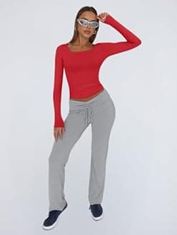 Trendy Queen Womens Long Sleeve Shirts Crop Tops Basic Double Layering Tight Slim Fit Y2K T Shirts Winter Clothes 2024