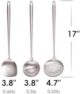 17” Wok Spatula and Ladle, Skimmer Spoon - 304 Stainless Steel Wok Tools Set, 3-Pieces Extra Long Handle Cooking Tools, All Metal Wok Utensils and Wok Accessories for Cast Iron/Carbon Steel Wok