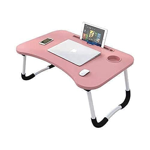 EACH Foldable Wooden Laptop Table For Bed, Study Table With Drawer, Tablet/Mobile Holder For Kids & Adults (Pink, 60 Cm, 60 Cm)