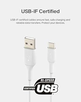 Belkin BoostCharge USB-C Cable (1M/3.3ft), USB-C to USB-A Cable, USB Type-C Cable for iPhone 15 Series, Samsung Galaxy S24, S24+, Note20, Pixel 8, iPad Pro, Nintendo Switch, & More - White (2-Pack)