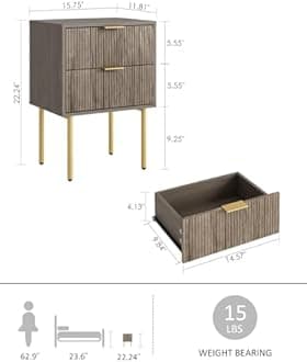 Nightstand,Small Bedside Table with Gold Frame,Black Night Stand,Bedside Furniture,Side Table with Drawer and Shelf for Bedroom,Living Room (2Drawers, Grey)