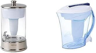 ZeroWater 40-Cup Ready-Pour 5-Stage Round Glass Water Filter Dispenser & 10-Cup Ready-Pour 5-Stage Water Filter Pitcher 0 TDS for Improved Tap Water Taste, Blue and White