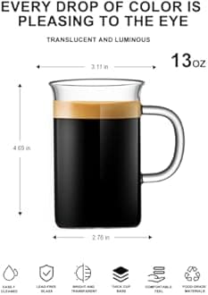 LUXU Glass Coffee Tea Cups(Set of 4)-13 oz,Clear Glass Mugs,Tall Drinking Glasses for Cappuccino,Latte,Espresso,Lead-free Drinking Glasses Great for Juice,Water,Beer,Milk Hot And Cold Drinks