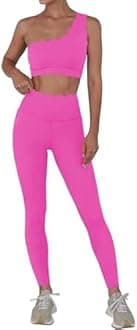 Fisoew Workout Sets for Women 2 Piece High Waisted Leggings with One Shoulder Stretchy Sports Bra Gym Tracksuits