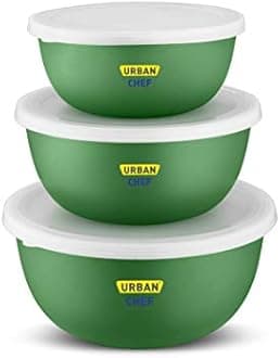URBAN CHEF Flora Stainless Steel Microwave Safe Bowl Set with Lid- 3 Pieces (Dark Greeen)