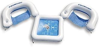 Swimline ORIGINAL Inflatable Game Table Station With Waterproof Playing Cards & Two Inflatable Sling Chairs W/CupHolders | Double Sided Game Set | Poker & Card Games | Chess & Checkers