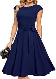 DRESSTELLS Women's Vintage Homecoming Tea Dress Cocktail Party Swing Dress with Cap-Sleeves Navy 2XL