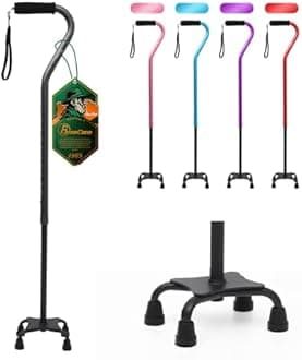 BeneCane Quad Cane Adjustable Walking Cane with Offset Soft Cushioned Handle for Men & Women Lightweight Comfortable with 4-Pronged feet for Extra Stability(Black)