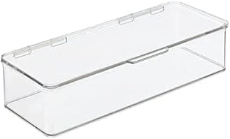 Long Plastic Kitchen Pantry/Fridge Storage Organizer Box Containers with Hinge Lid for Shelves or Cabinets, Holds Food, Snacks, Seasoning, Condiments, Flatware, Utensils, 2 Pack, Clear