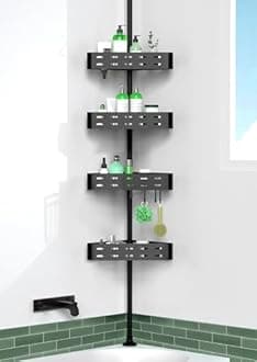 KEGII Corner Shower Caddy Tension Pole - Shower Tension Rod Organizer, Floor to Ceiling Shower Caddy 25-114.2 inch, Towel Rack Corner Waterproof, Dark Black