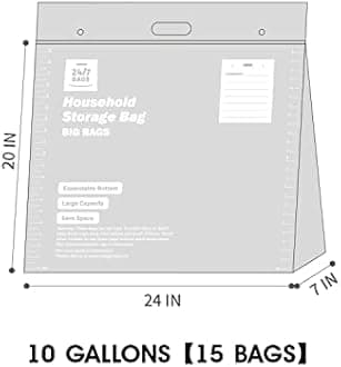24/7 Bags| Double Zipper Jumbo Bags, 10 Gallons, 15 Count, Expandable Bottom & Handle, Safe For Food Storage, Clothes, Blankets, Toys, Art Crafts & More (24" X 20" X 7")