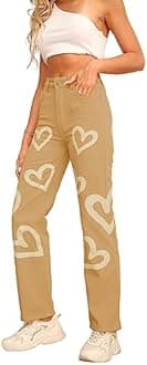 Women's High Waist Heart Print Wide Leg Loost Fit Vintage Boyfriend Jeans Teen Girls Streetwear Denim Pants