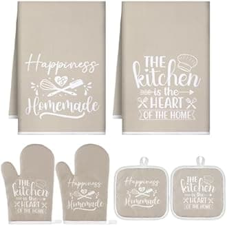 Sratte 6 Pcs Kitchen Decor Accessories Set Farmhouse Towels Pot Holders Oven Mitts Set 2 Dish Towels 2 Potholders 2 Cooking Mittens Oven Glove for Christmas Baking Cooking Supply(Beige,Kitchen)