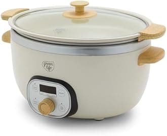 6QT Slow Cooker, Non-Toxic PFAS-Free Ceramic Nonstick Removable Interior Bowl, Programmable, Family Friendly, Keep Warm, Stovetop & Oven Safe, Dishwasher Safe Crock, Timer, Glass Lid, Cream