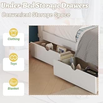 Twin Size Kids Bed Frame, Low Profile Montessori Twin Bed with Rails, Wood Daybed with Storage Drawer for Girls & Boys, No Spring Box Required, No Squeaks, White