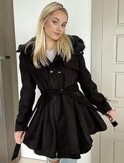 Zeagoo Women's Fashion Faux Fur Lapel Double-Breasted Thick Wool Trench Coat Winter Warm Jacket S-2XL