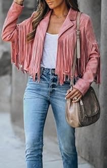 CHARTOU Casual Faux Leather Jacket Women Motorcycle Jacket Fringe Cropped Jacket Utility Tassel Suede Moto Jacket