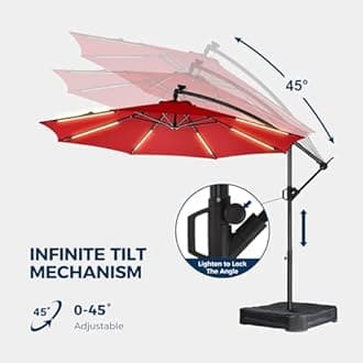 HOMSHADE 10ft Solar Lights Offset Cantilever Patio Umbrella with Light and Base, LED Lighted Offset Hanging Patio Outdoor Market Umbrella UPF50+ UV Protection with Easy Tilt and Crank, Red