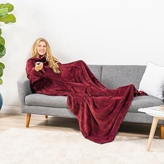 PAVILIA Premium Fleece Blanket with Sleeves for Adult, Women, Men | Warm, Cozy, Extra Soft, Microplush, Functional, Lightweight Wearable Throw (Wine, Regular Pocket)