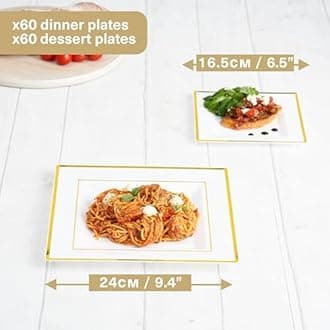 MATANA 360-Piece Reusable Square White Plastic Dinnerware Set with Gold Rim – 60 Dinner Plates, 60 Dessert Plates, 60 Bowls, 180 Reusable Gold Cutlery – Elegant Tableware for Events & Parties