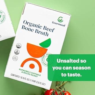 Organic Unsalted 16.9oz Beef Bone Broth from Gourmend Foods (12 Pack) – Just 10 Ingredients, Low FODMAP Certified, Filler Free, Gluten Free, Non-GMO, Onion & Garlic Bulb Free