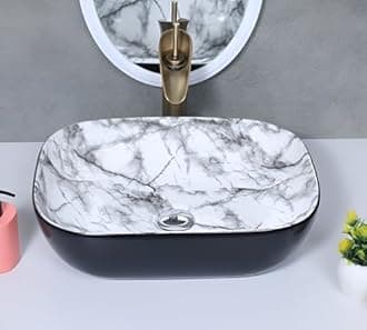 SEA SHORE Luxury Ceramic Table Top Wash Basin – Slim Rim Vessel Sink in Black & White Black for Bathroom/Living Room (18 x 13 x 5.5 Inch)